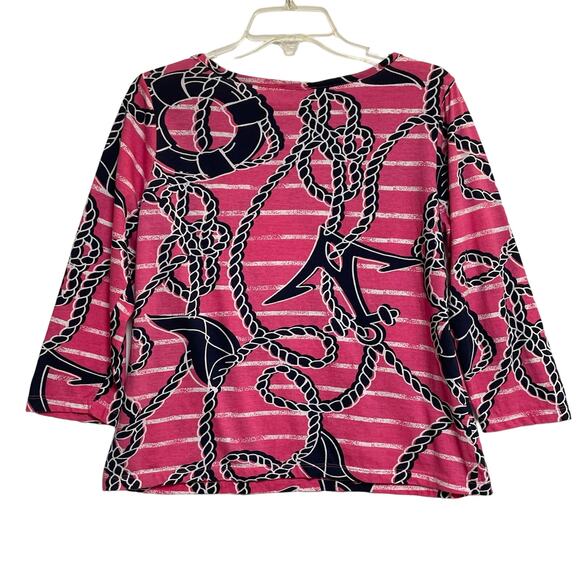 Caribbean Joe & Co. Pullover Blouse, 3/4 Sleeve, Navy/Pink/White, Nautical, M - Picture 2 of 8
